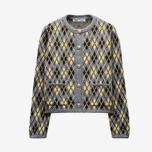 Zara Argyle Knit Cardigan in Gray and Yellow